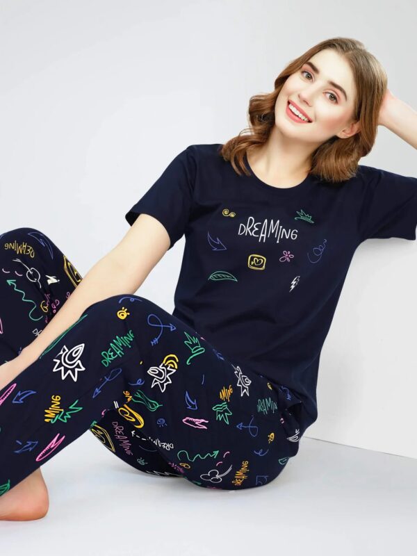 Women's Navy Blue Printed Cotton Night Dress of Top and Pajama set