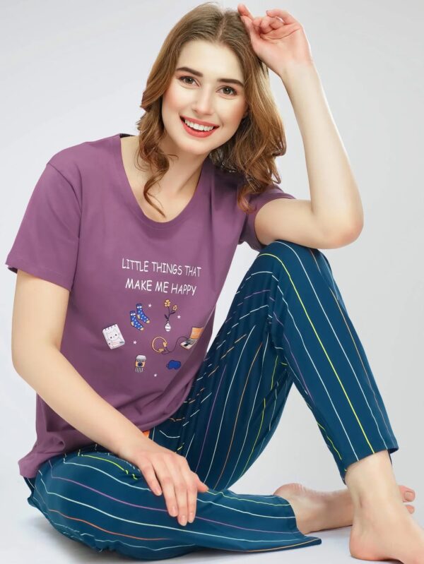 Women's Mauve Stripe Printed Cotton Night Dress of Top and Pajama set