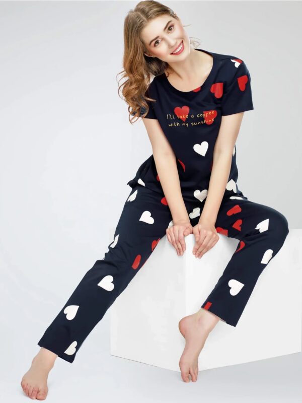 Women's Navy Blue Heart Printed Cotton Night Dress of Top and Pajama set